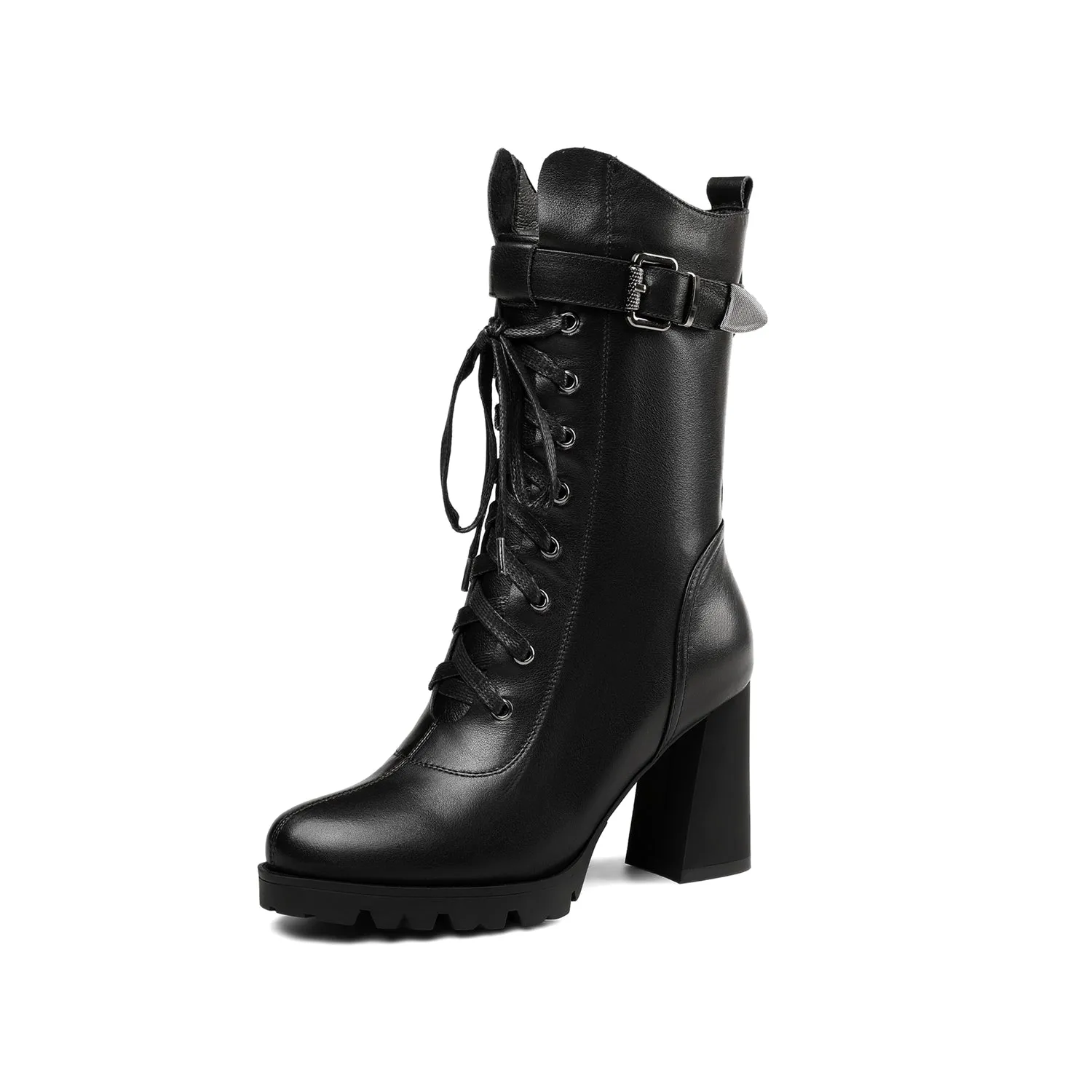 TinaCus Women's Round Toe Genuine Leather Selftie Zip Up Hnadmade High Chunky Heels Boots with Buckle